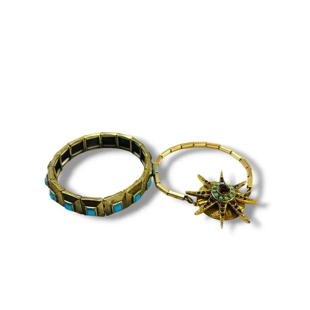 Set of 2 Goldtone Stretch Bracelets Faux Turquoise Starburst Retro Style